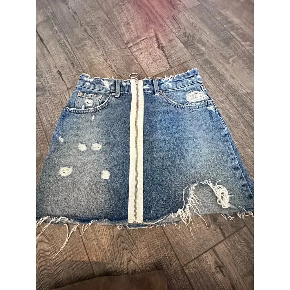 Zara Trafaluc Denimwear Blue Distressed Zip Front Midi Skirt Size XS
